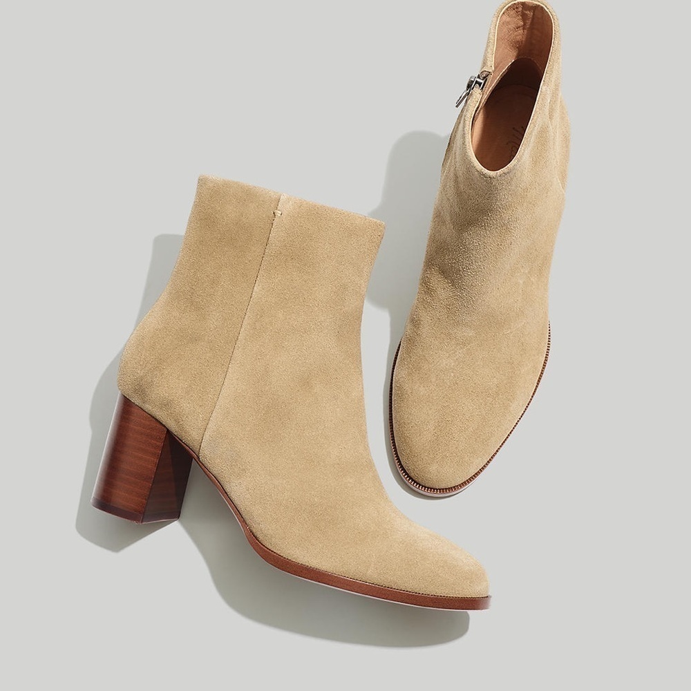 Madewell Suede Ankle Boots in Beige Suede with Brown Heel